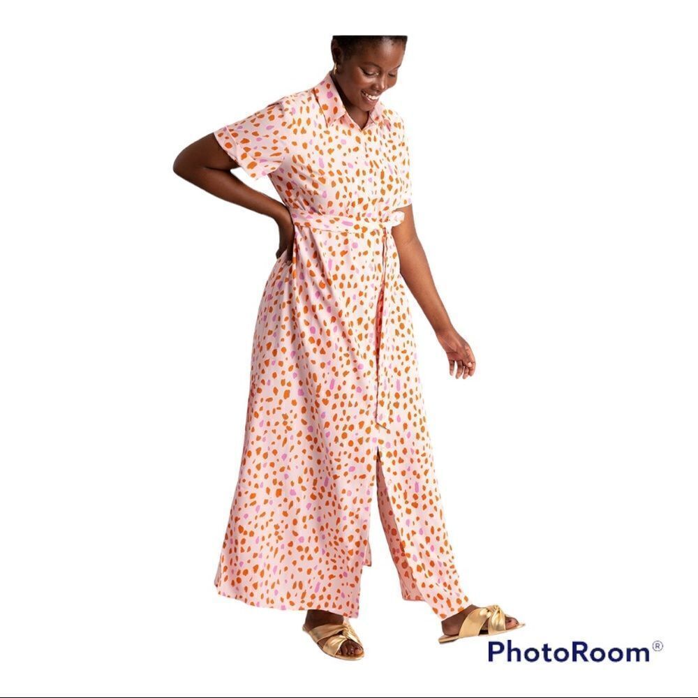 Eloquii Pink Maxi Shirt Dress with Orange Spot Print - Picture 1 of 8
